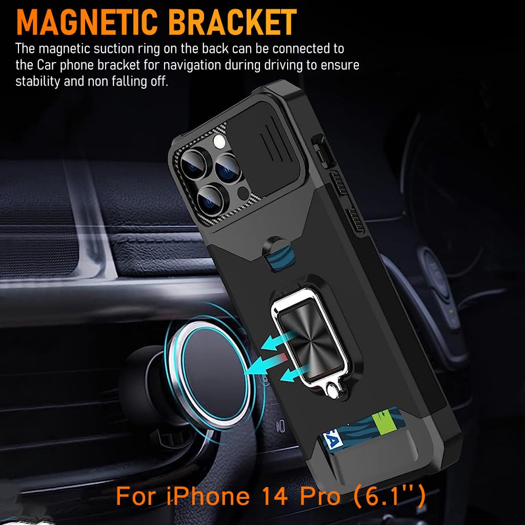 ZORBES Phone Case for iPhone 14 Pro 6.1 inch with Sliding Camera Cover and Folding Ring Grip | Hidden Card Slot TPU Anti Scratch Black