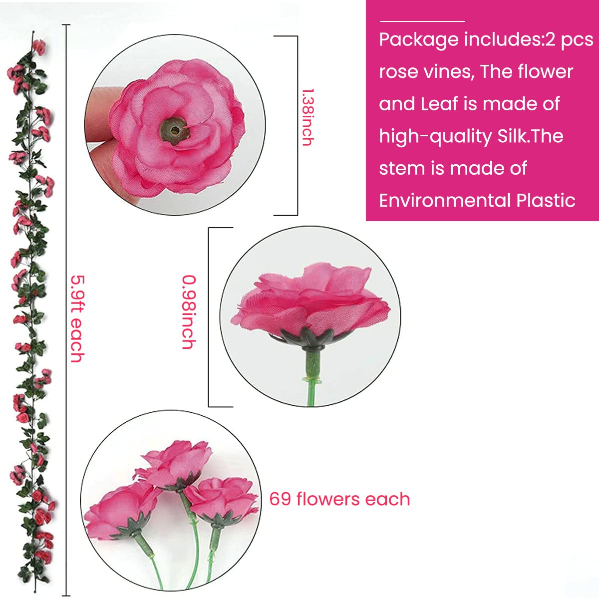 HASTHIP Plastic Artificial Rose Flowers Vine Garland 1.8M for Door Room Garden Wedding | Rose Red 3PCS