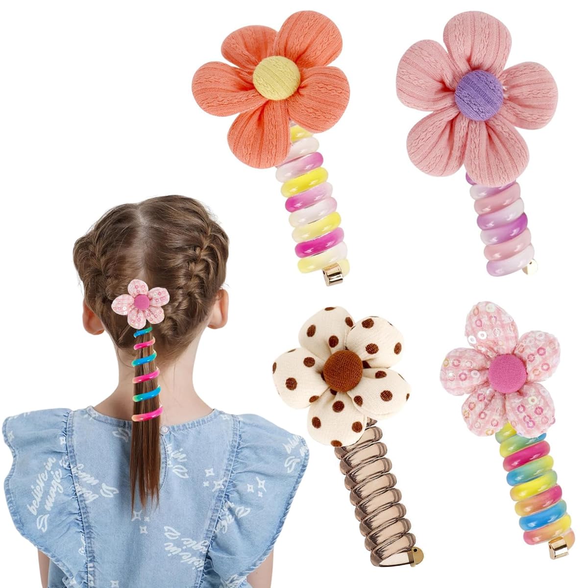 PALAY® 4pcs Braids Hair Ties for Girls Spring Hair Ties Cute Cartoon Hair Ties Elastic Hair Ties Ponytail Maker Braids Spiral Hair Ties Beautiful Hair Accessories for Girls