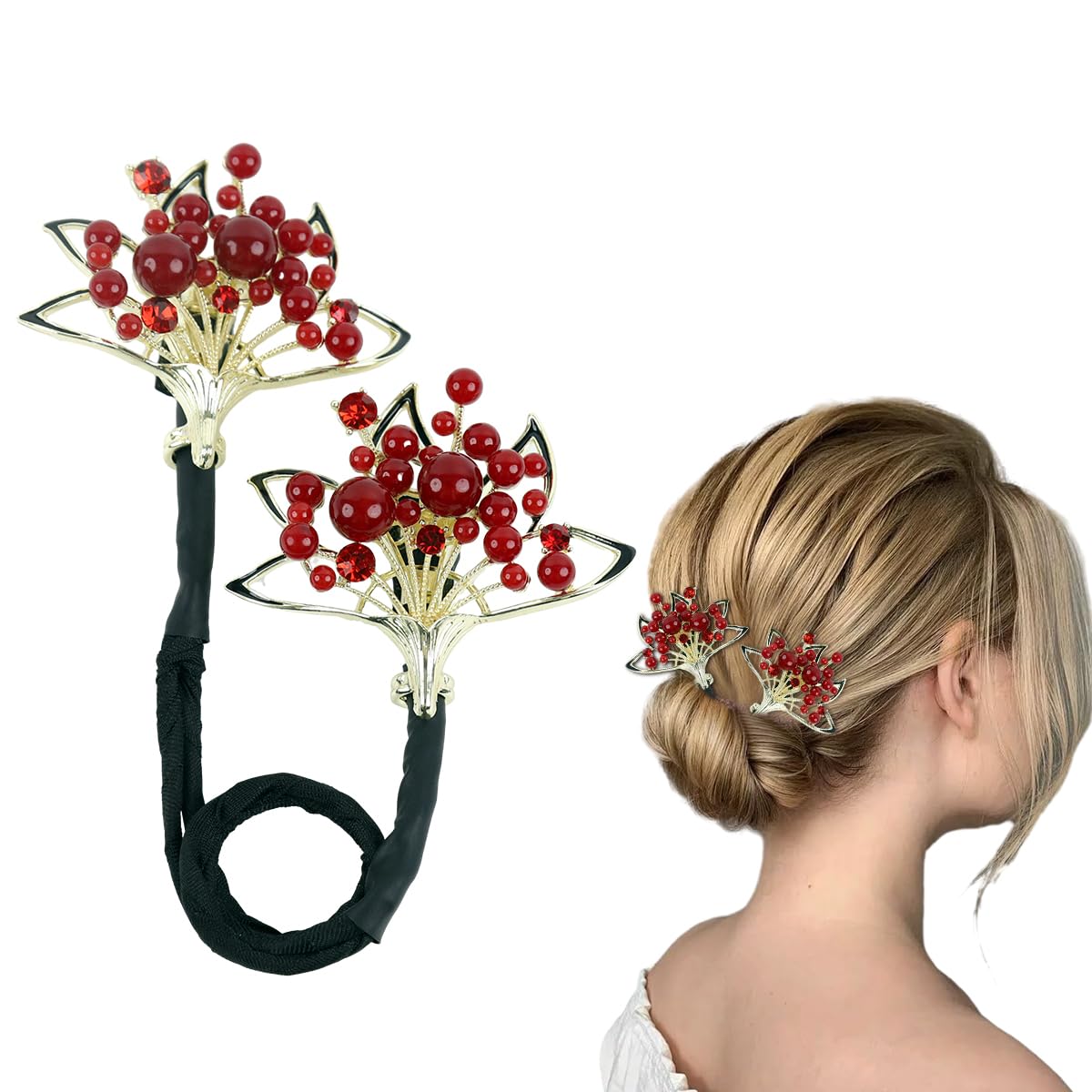 PALAY® Hair Bun Accessories for Women Red Pearl Easy Hair Bun Maker for Hair Metal Bun Clips for Hair Stylish Flower Twist Bun Shaper for Women Ladies Daily, Party, Wedding