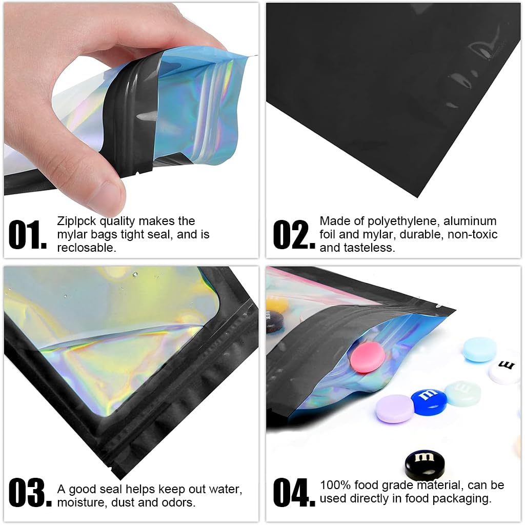 Smell Proof Bags for Food Storage with Resealable Zip and Clear Front 10 Pack 6x9cm | Holographic Rainbow Back