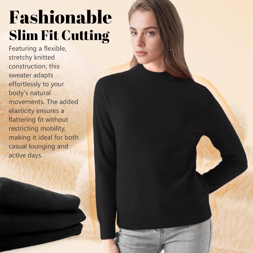 SANNIDHI Women's Cashmere Sweater for Fall Winter featuring Mock Neck and Slim Fit | Black Pullover