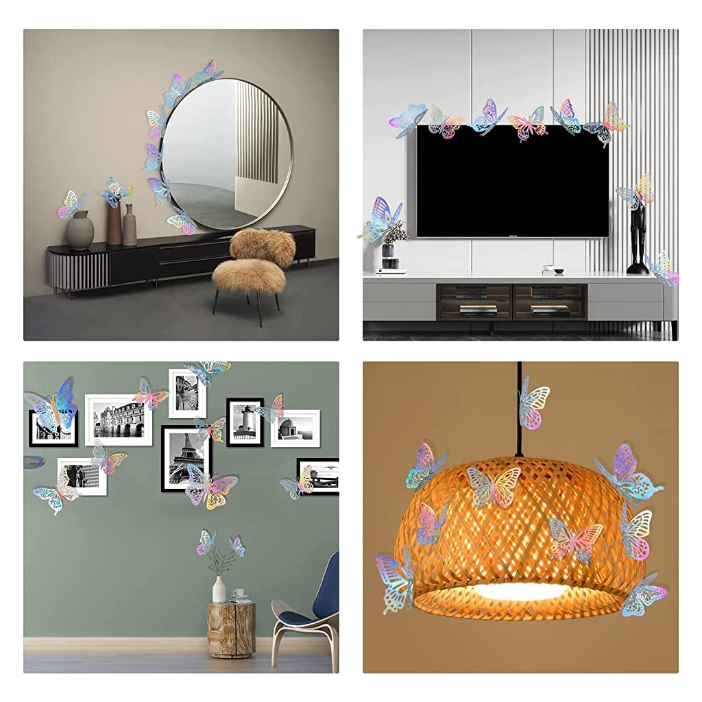 HASTHIP 3D Butterfly Wall Stickers for Home Decor with 60pcs Hollow Wings Rainbow Design