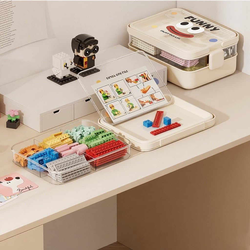 HASTHIP Kids Building Blocks Storage Box 3 Layer with Removable Lids and Handle | Organizer Case with Divider Inserts for Small Toy Sorting