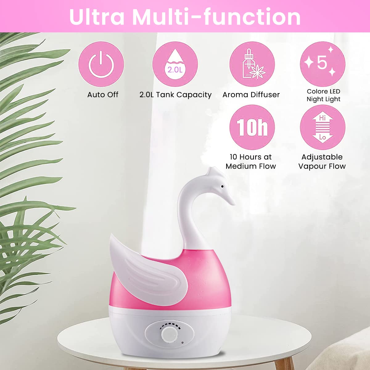 HANNEA Humidifier for Room Moisture with 2L Tank and Swan Design | 30dB Silent Ultrasonic Cool Mist