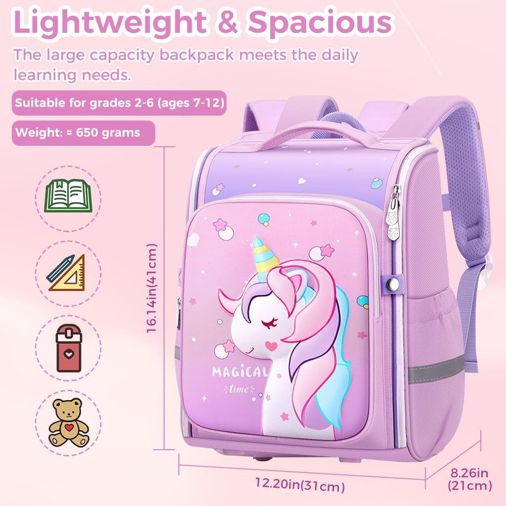 PALAY® Unicorn Backpack for Kids Girls Stylish Durable Water-Resistant Backpack Shoulder School Bags for Girls Kids 6-12 Years Old Birthday & Rakhi Gift - Purple