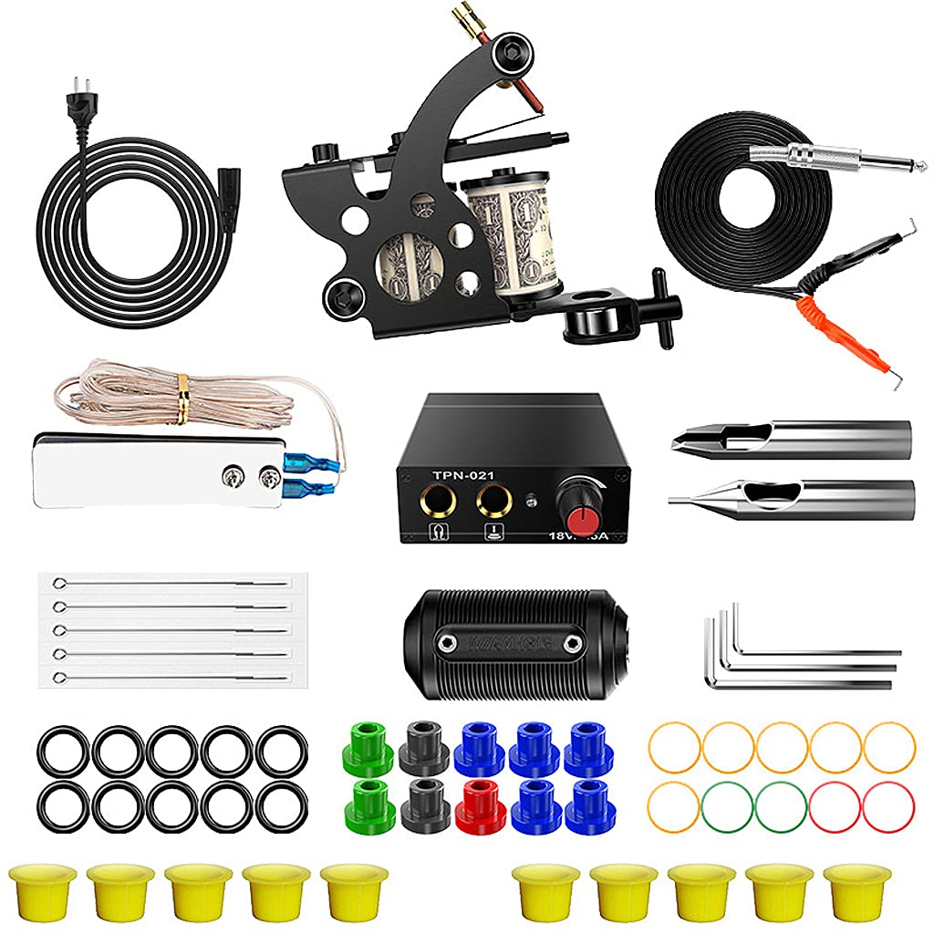 HANNEA Tattoo Machine Kit for Beginners Tattoo Power Supply Kit 1 Black Tattoo 5 Tattoo Needles 1 Pro Tattoo Machine Guns Kit Tattoo Supplies