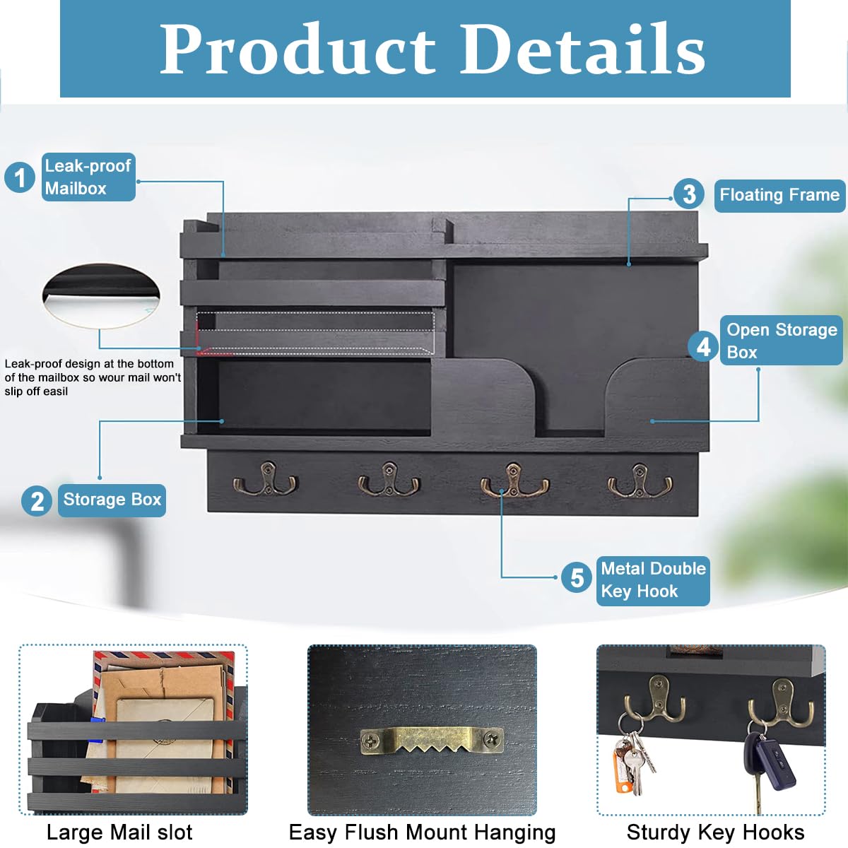 HASTHIP Key Holder for Home with Multi Compartment Wooden Organizer Rack 15.7×9.3 in | Wall Mounting Hooks for Entryway Storage