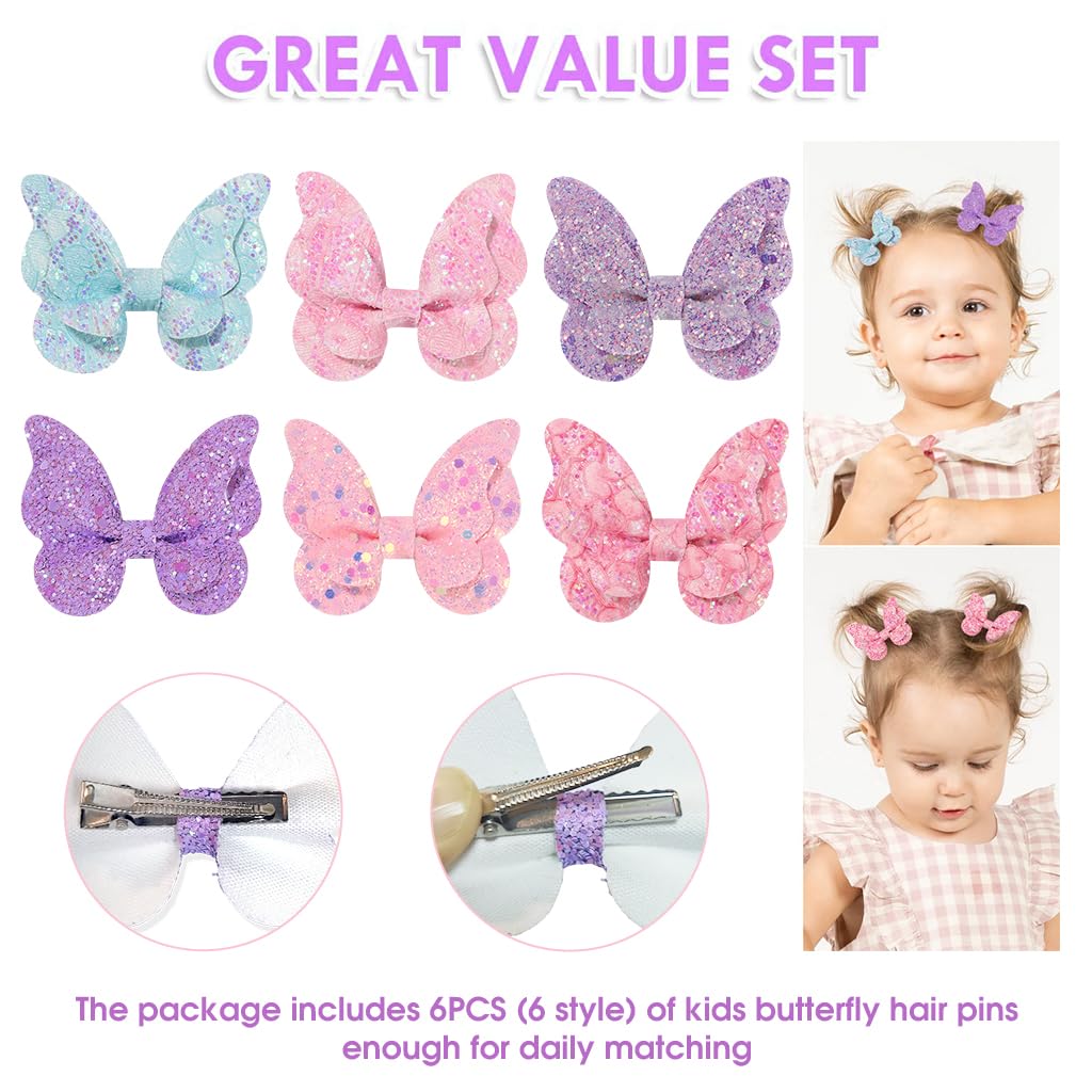 PALAY® Hair Clips for Girls Kids 6Pcs Set, Glitter Butterfly Baby Hair Clips, Color Sequin Hair Bows Barrettes Non-slip Hair Accessories for Baby Girls, Toddlers, Children