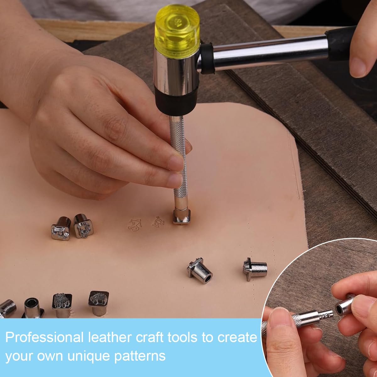 HASTHIP Leather Stamping Tool Kit for Leathercraft with 32pcs 0.39 in Metal Stamps & Snap Setter