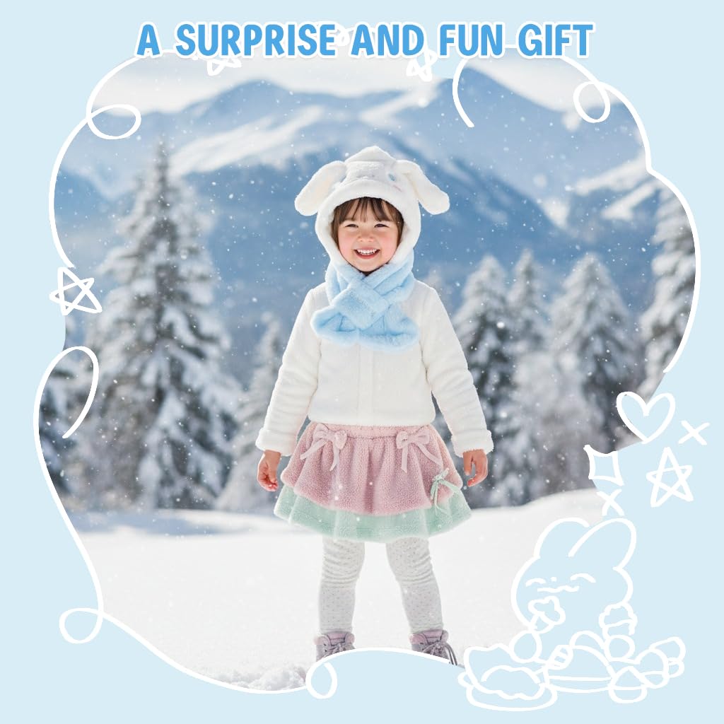 PATPAT Kids Scarf Cap Set for Winter with 2 in 1 Wrap Around Design | Blue White Fleece for Girls 4–13