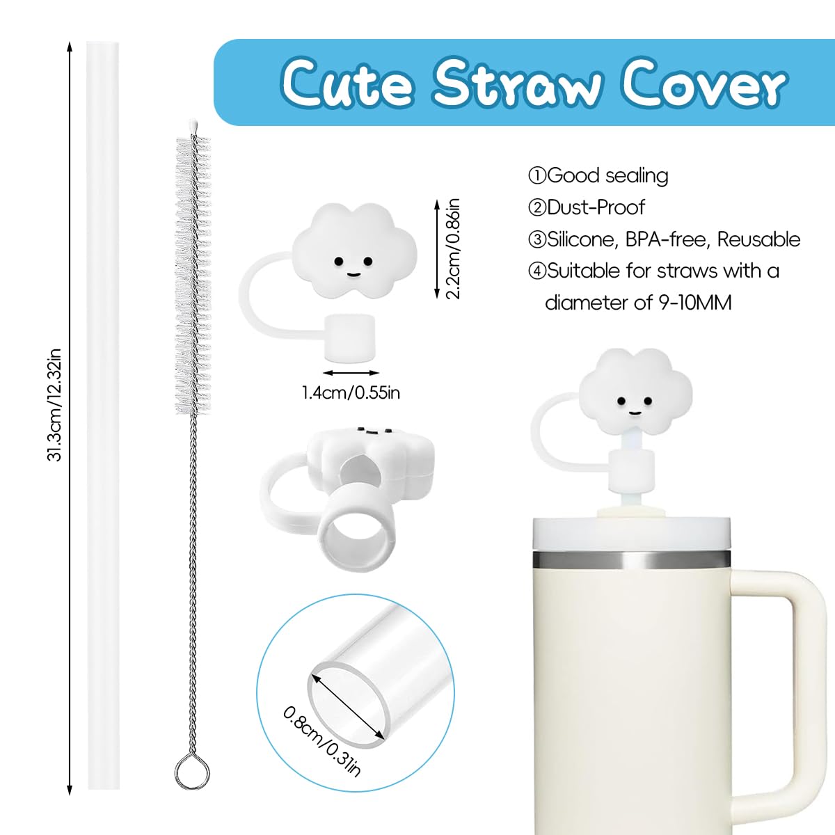 HASTHIP Straws for Stanley Cup 12.2 in Reusable PE Set with Cloud Caps and Cleaning Brush | 7pcs