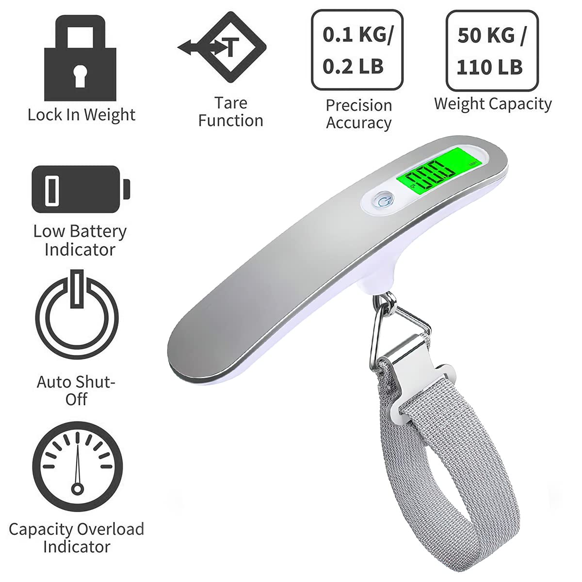 HASTHIP Stainless Steel Travel Scale Suitcase Scale with Strong Straps and Backlit, Luggage Weight Scale Portable, Digital Luggage Scales for Flights, Travel, Home (Load Capacity 50kg)