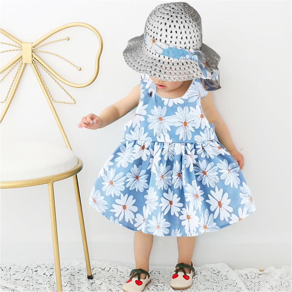 SNOWIE SOFT® Baby Girls Dress Straw Hat Set Summer Baby Girls Dress Blue Daisy Print Bow Girls Dress for Baby Girls 24-36 Months Birthday Gift for Baby Girls