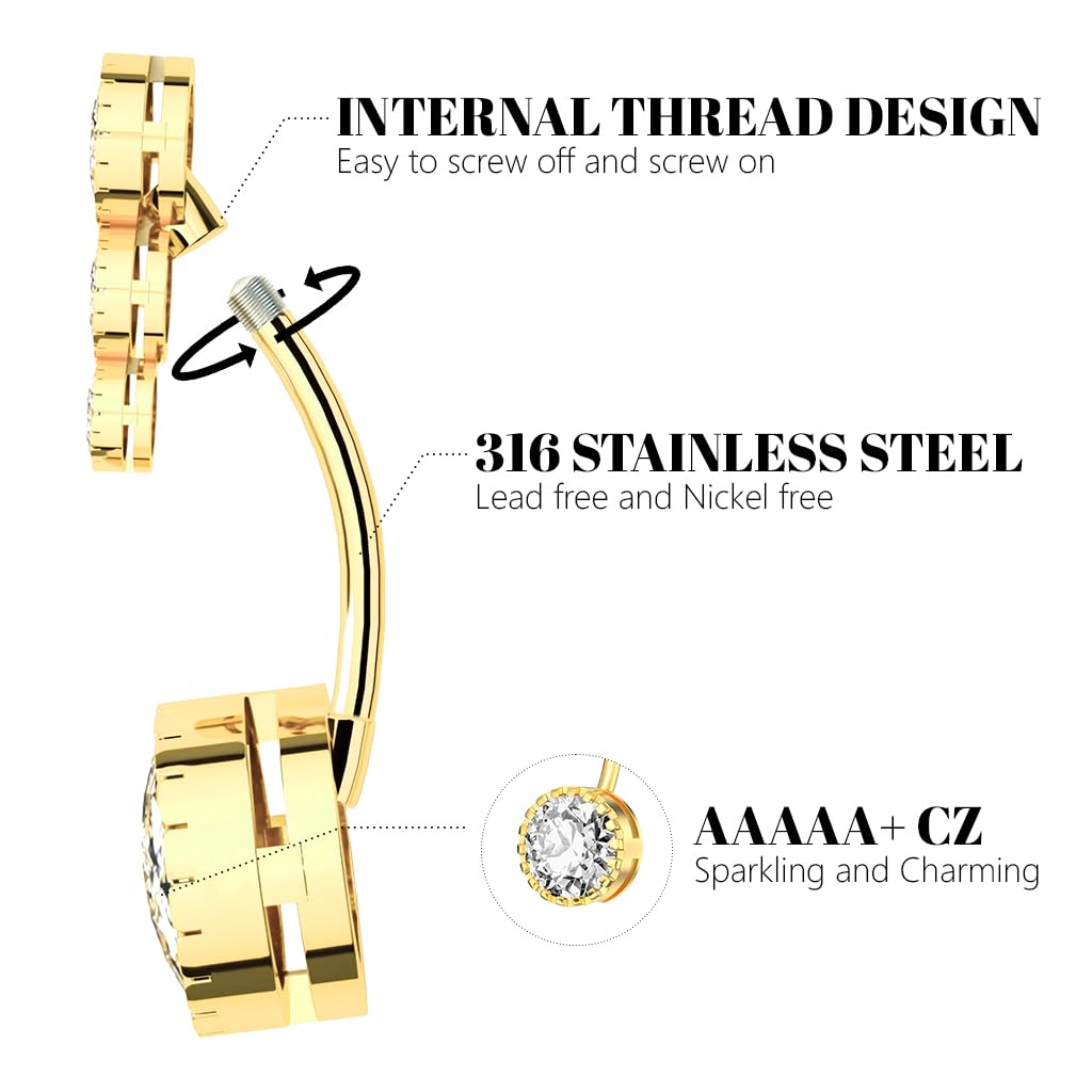 SANNIDHI Belly Button Rings for Women with Reverse Design and Rhinestone Set of 4 | Surgical Stainless Steel Piercing Jewelry