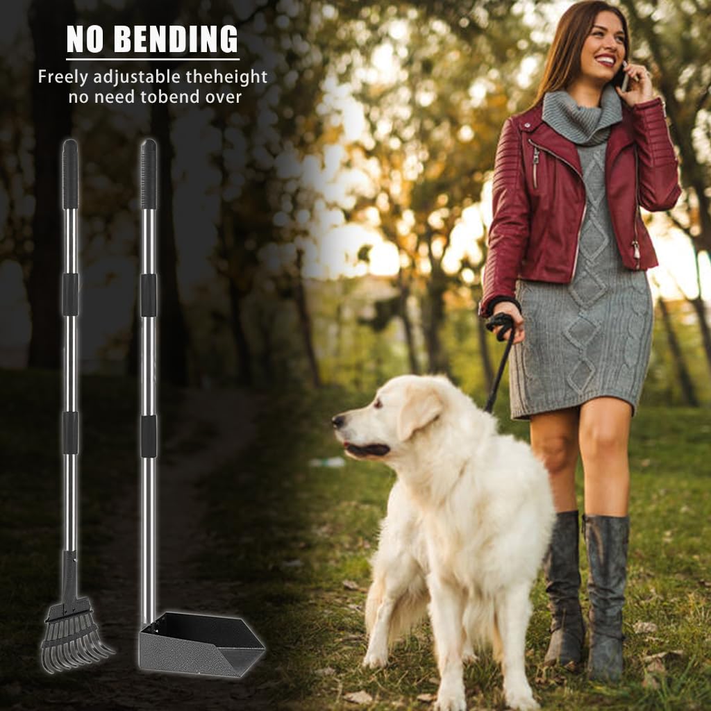 HASTHIP Dog Pooper Scooper Set for Yard Cleaning with 36.2 in Adjustable Handle and 9 Pronged Stainless Steel Rake