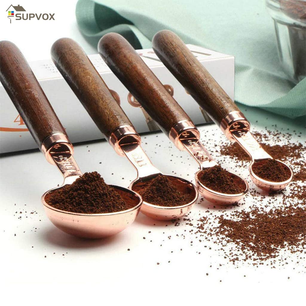 Supvox Measuring Cups and Spoons Set for Cooking and Baking with Walnut Handles and Engraved Markings | 8pcs Stainless Steel Rose Gold Finish