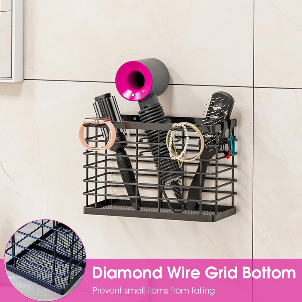 HASTHIP Hair Dryer Stand for Bathroom Organization with Screw Fixed Curved Hooks | Carbon Steel