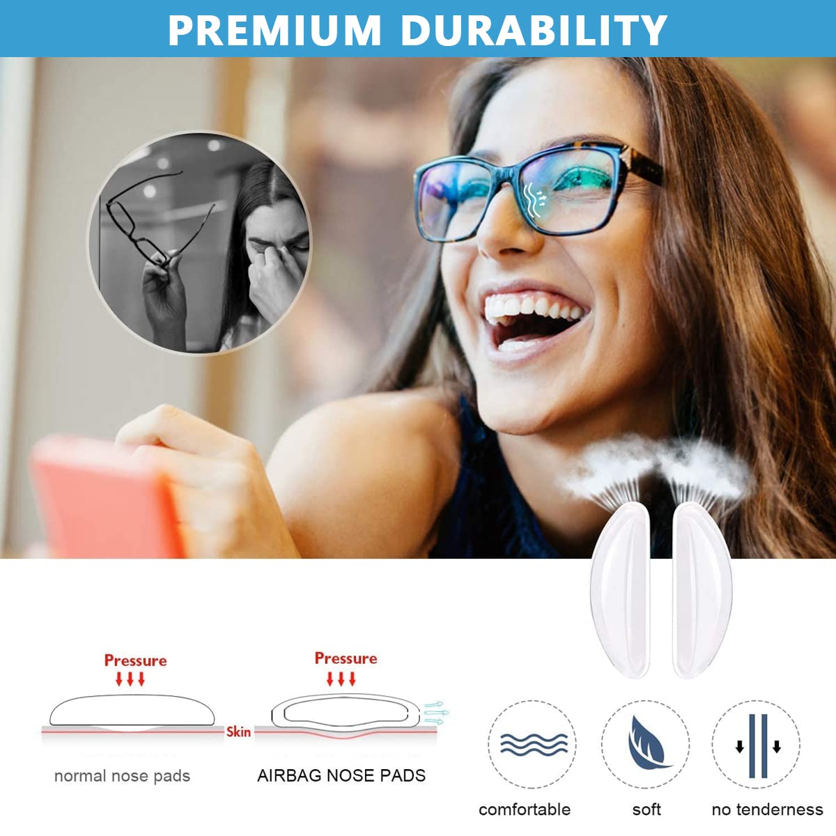 MAYCREATE Adhesive Eyeglasses Nose Pads for Comfortable Fit with D Shape 15×6×1.5 mm Silicone | 12 Pairs Anti Slip Self Stick Replacement