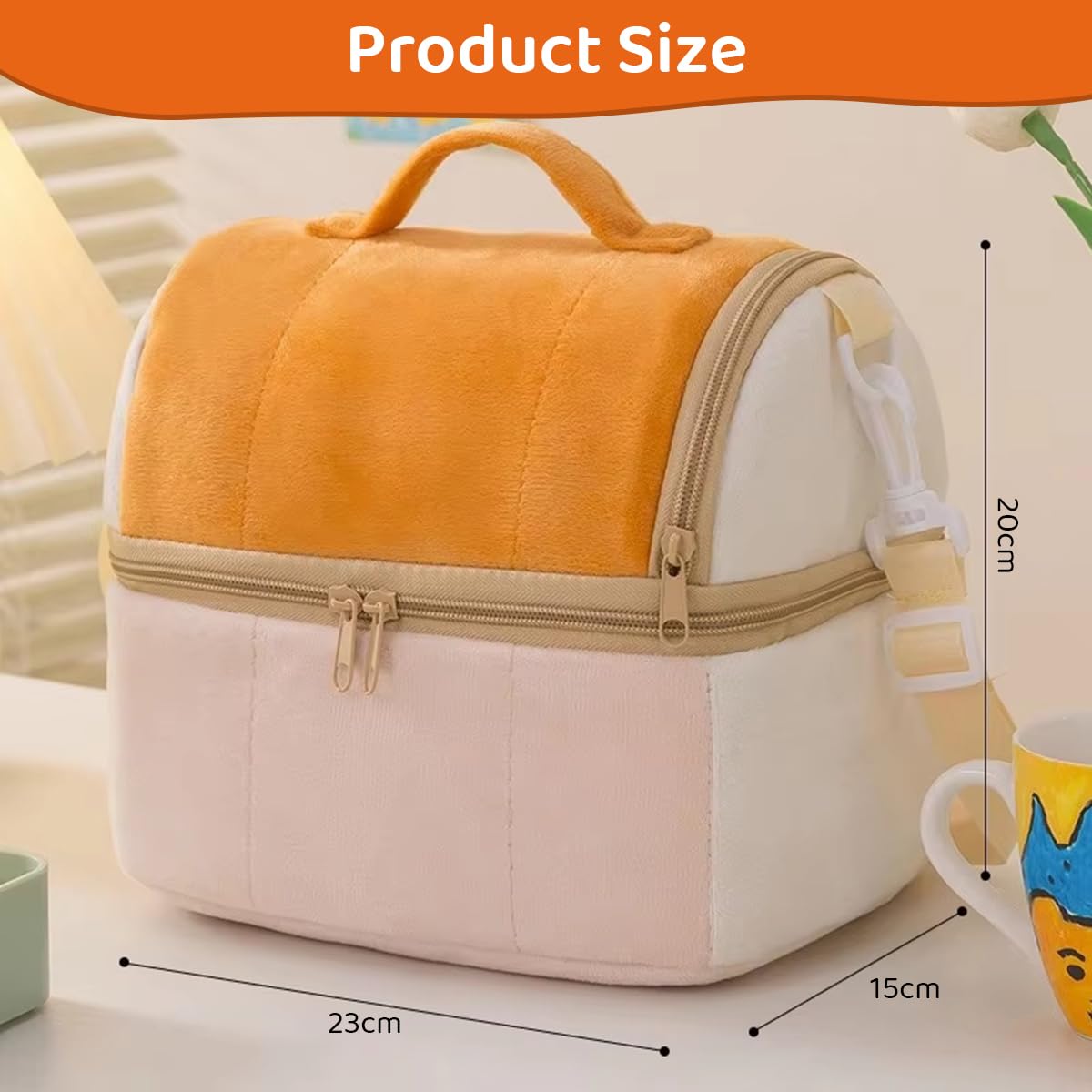 HASTHIP® Large Lunch Bag Double Layer Thermal Insulation Lunch Bag Fashion Plush Bento Box Bag with Handle and Removable Shoulder Strap School Office Travel Camping Lunch Bag Bento Box Bag, 23x15x20cm