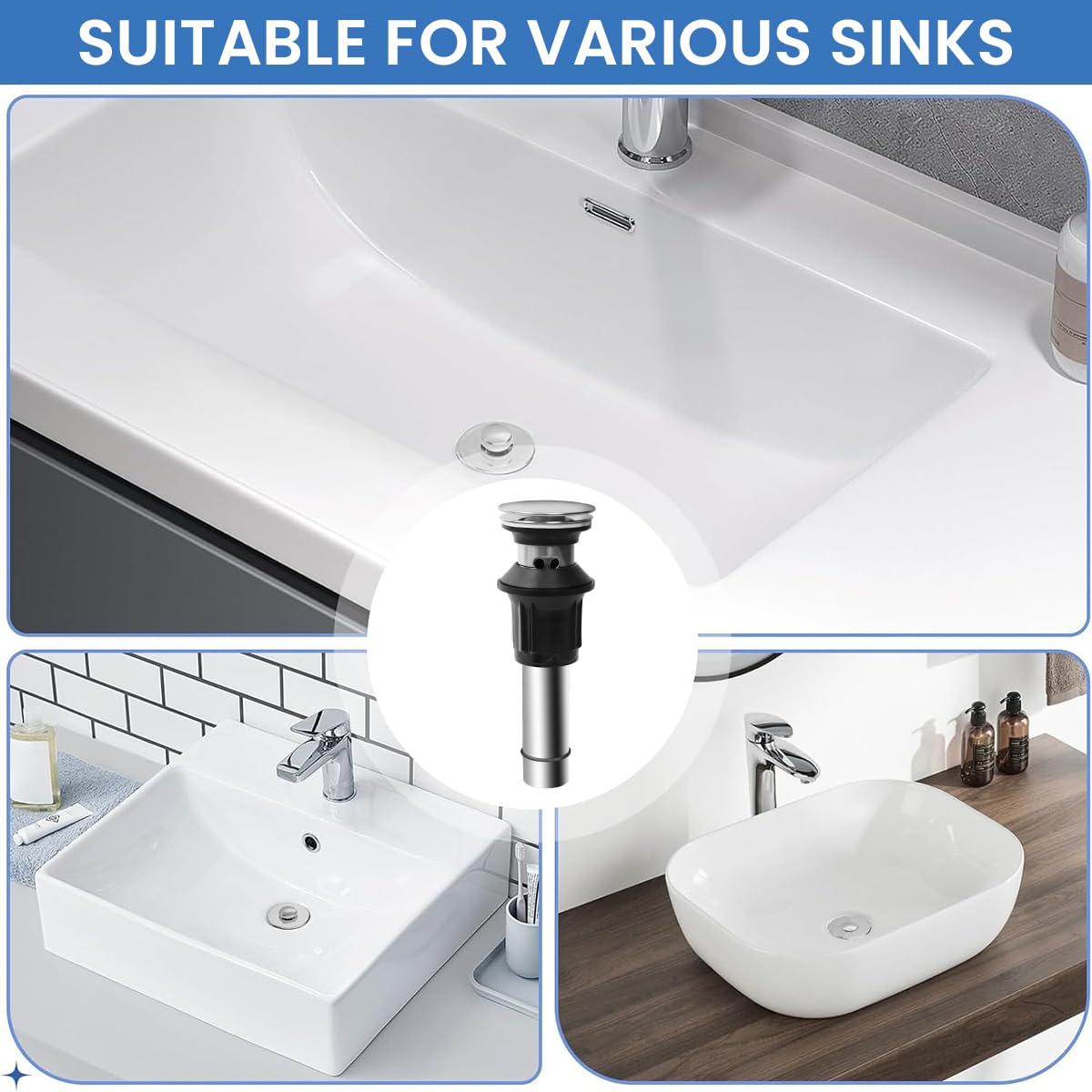 ZIBUYU Universal Pop Up Sink Drain Stopper for 1.3 in Basin Holes with Bounce Filter | Stainless Steel Plug for Kitchen and Bathroom