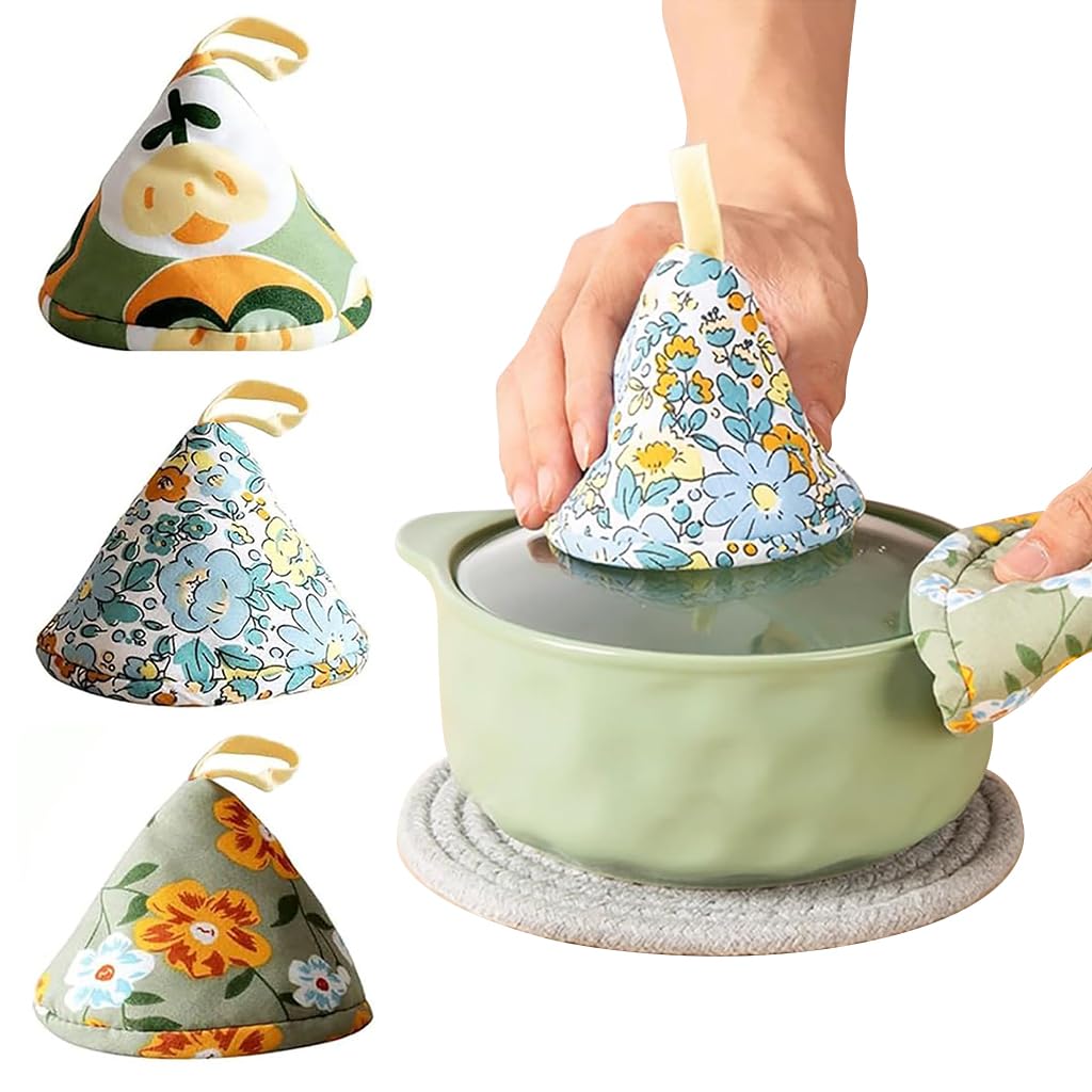 HASTHIP Kitchen Pot Ear Grips for Lids and Handles featuring Cone Shaped Design & 3Pcs Set | Thick Cotton Heat Resistant Floral Print