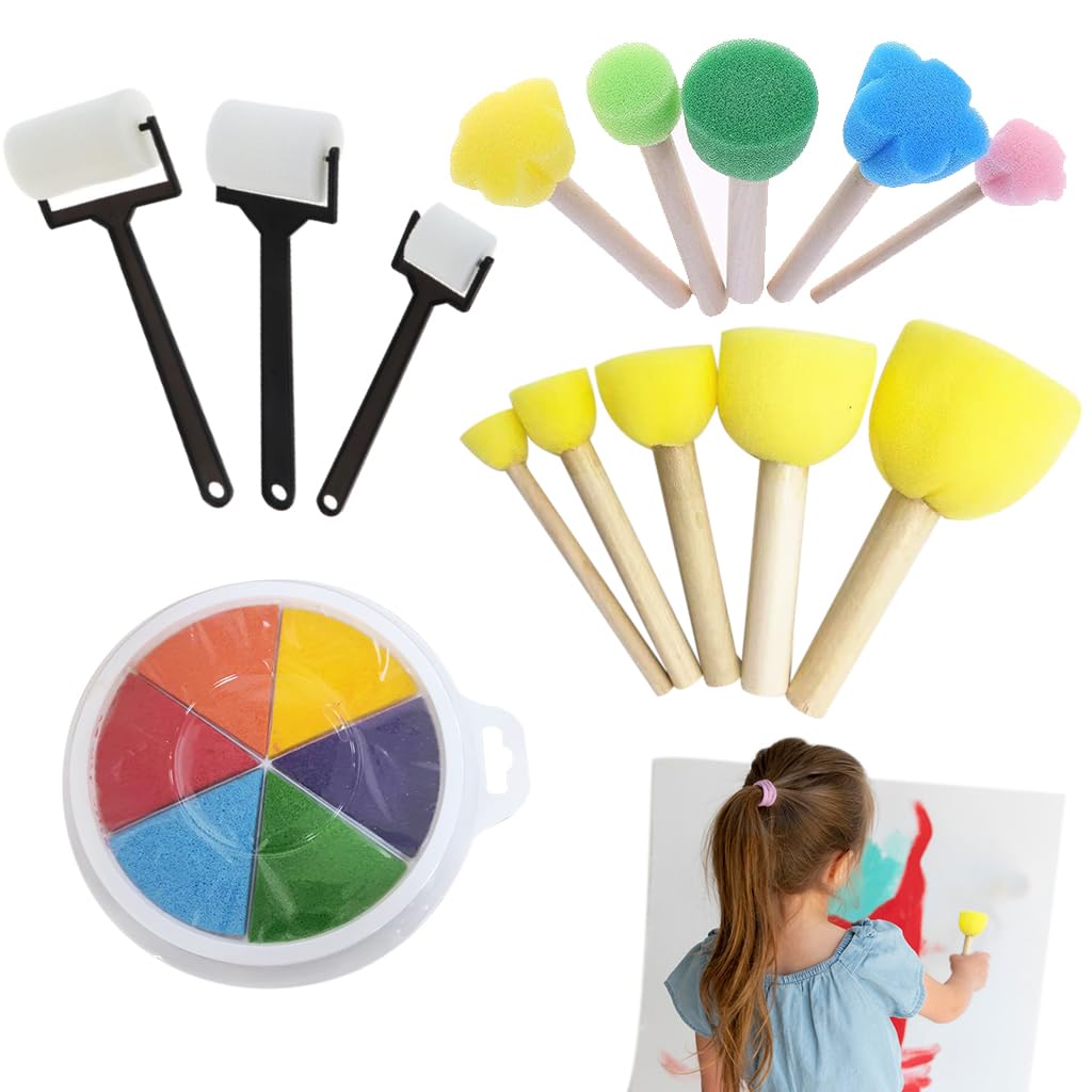 HASTHIP® 14Pcs Sponge Art Supplies - 7-Color Acrylic Paint, Diverse Brushes & Rollers, DIY Sponge Art Creative Painting Brush Mixed Shaped Sponge Painting Stick Sponge Art Painting Brush Paint Rollers