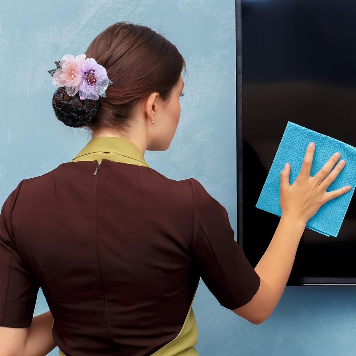 MAYCREATE Hair Bun Net Clip for Dancer and Nurse with Alloy Spring Clip and Fabric Flower | 2pcs Set