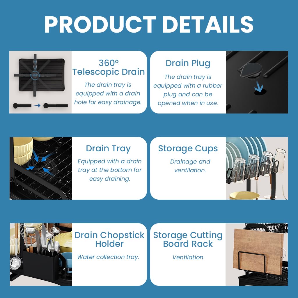 HASTHIP Kitchen Utensil Drying Rack with Double Layer Storage and Drain Pipe | 42x30x32cm Metal Organizer