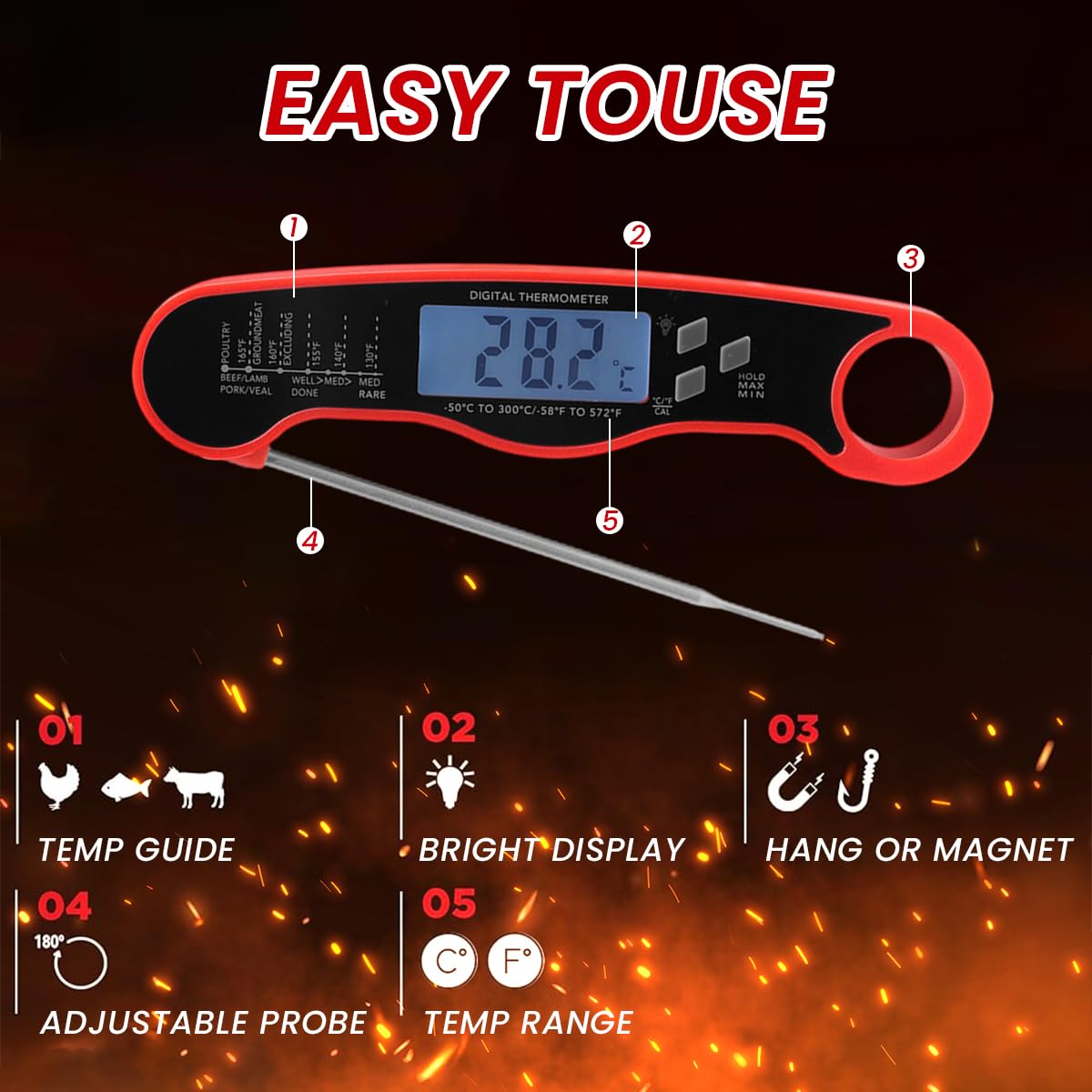 HASTHIP Meat Thermometer for Grilling and Cooking with Folding Probe and Backlit LCD | -58°F–572°F Instant Read