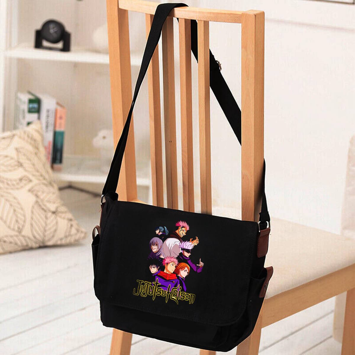 Venzina Sling Bag for Travel and College with 33x13x26cm Storage Canvas Black | Jujutsu Kaisen Print