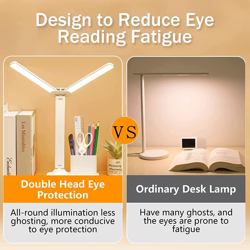 Verilux Table Lamp for Study with Dual Light Tubes and 4000mAh USB Rechargeable Battery | 3 Color Eye Friendly Desk Light