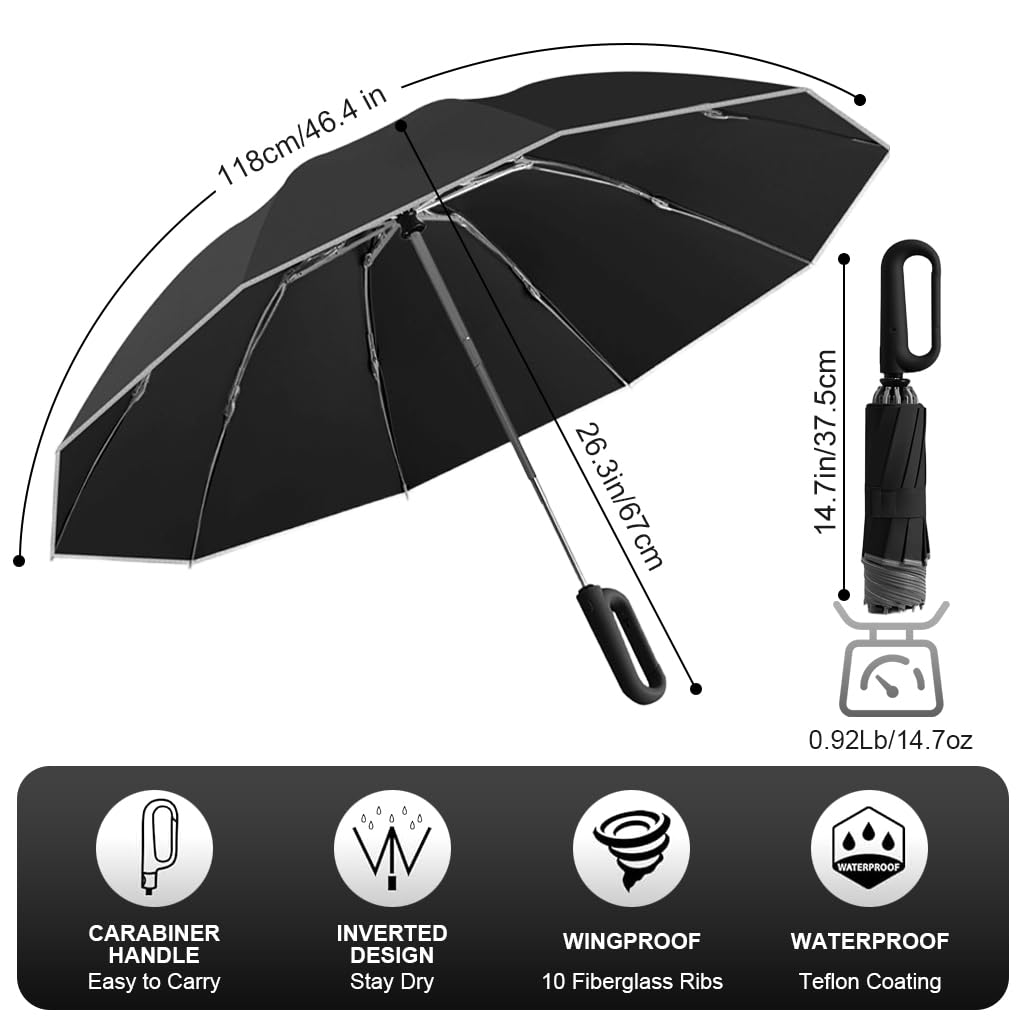 PALAY Umbrella for Travel featuring 50 Inch Canopy with Award Winning Carabiner Handle | Black