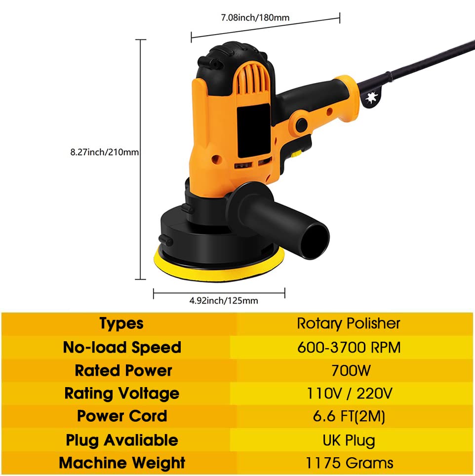 STHIRA® 125mm Electric Car Polisher Machine - 700w Car Orbit Waxer, 600~3700rpm Variable Speed Car Polish Machine with Detachable Polishing Sponge Pad and White Wool Pad for Buffing Car, Wood, Metal