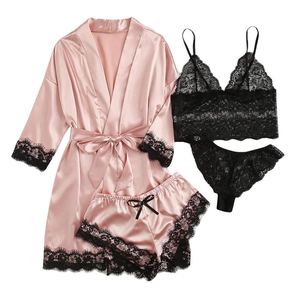PALAY Women Lingerie Set for Sleepwear and Loungewear featuring 4pcs Silk Lace Robe | Black Bra and Thong