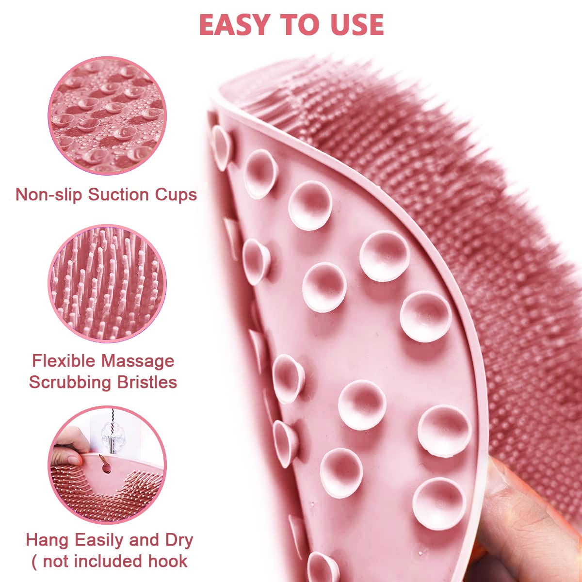 HANNEA Silicone Foot Massager for Shower with Non Slip Suction Cups and 28.5×20.5 cm Pad | Pink Scrubber Brush Cleaner