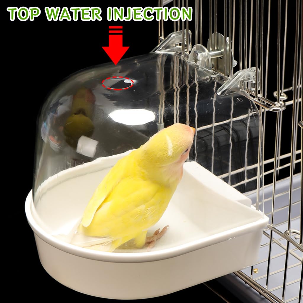 Qpets® Bird Bathing Box for Cage Clip On Bird Bathing Bowl with Transparent Roof, Anti-Splash Bird Bathing Tub Plastic Bird Bathing Box for Cage with Water Inlet Hole (14 * 14 * 13CM)