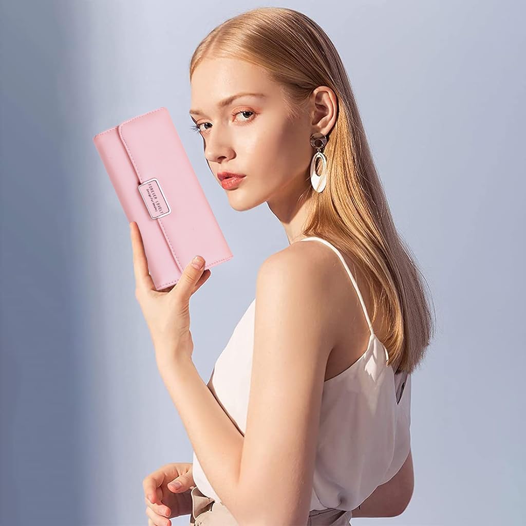 ZIBUYU Hand Purse for Women featuring 10 Card Slots and Zipper Pocket in Pink PU Leather | 19cm x 9.5cm Travel Wallet