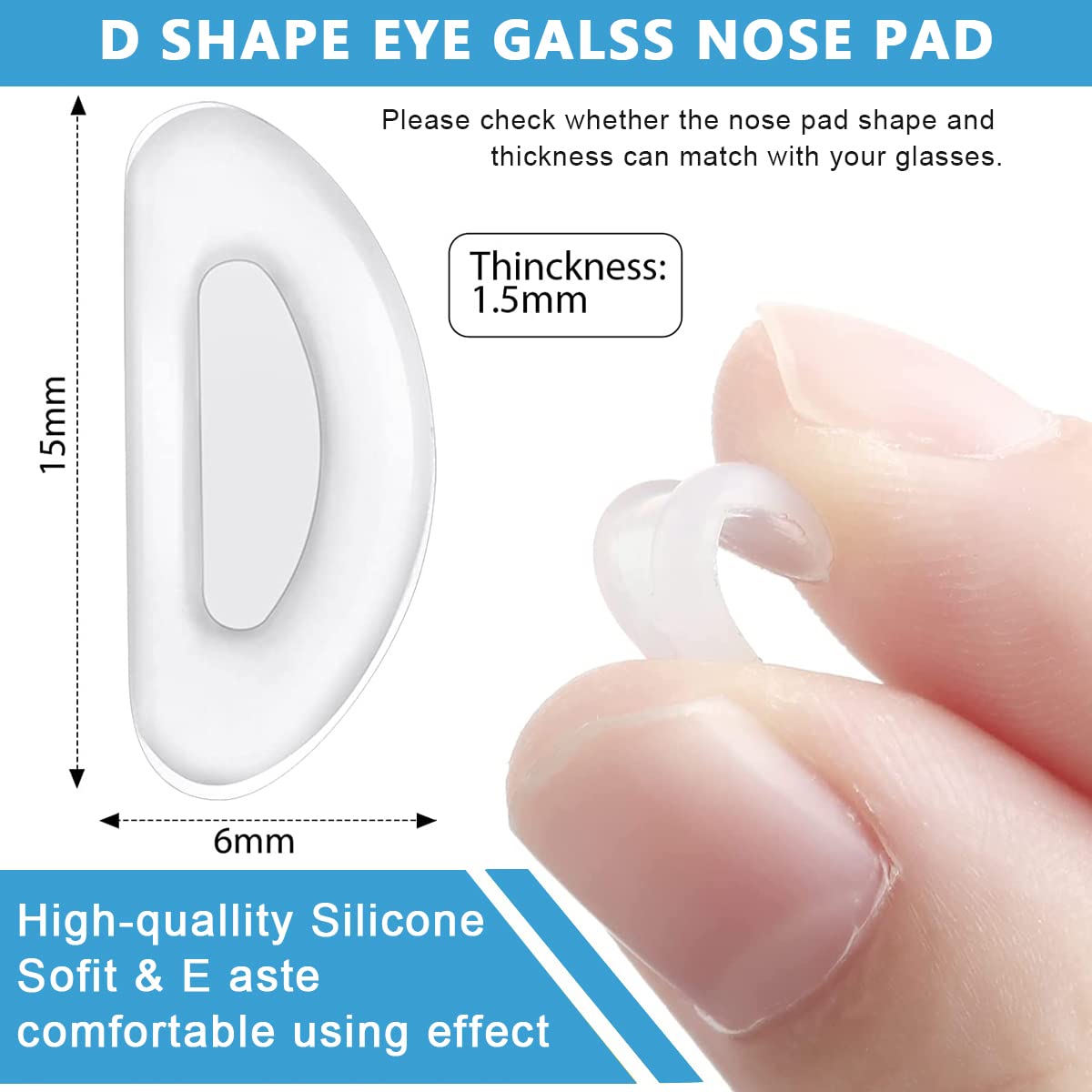 MAYCREATE Adhesive Eyeglasses Nose Pads for Comfortable Fit with D Shape 15×6×1.5 mm Silicone | 12 Pairs Anti Slip Self Stick Replacement