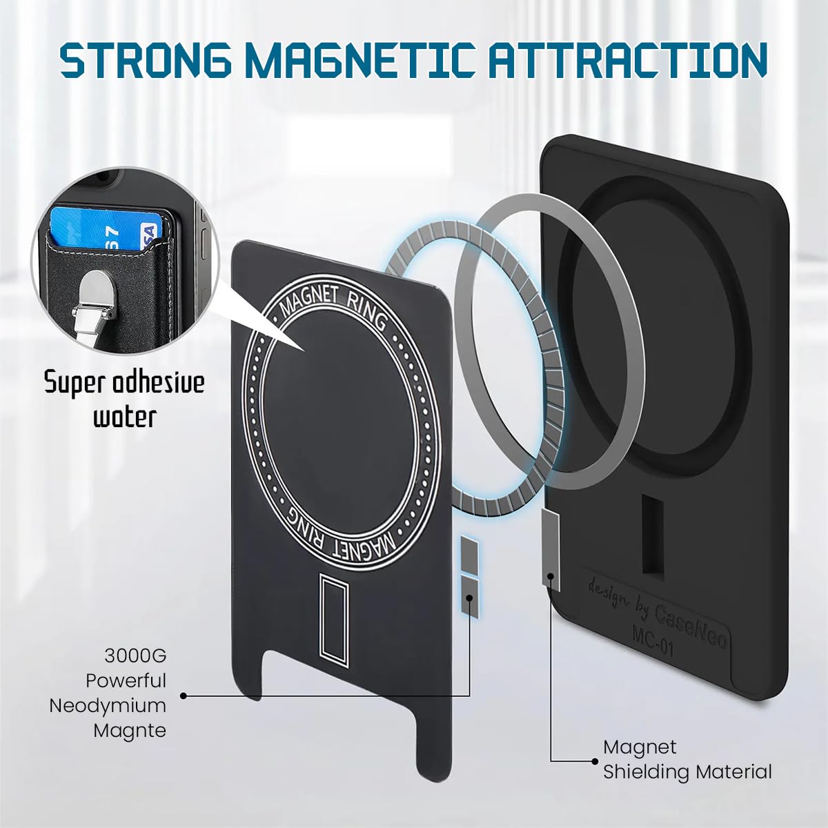 ZORBES Magnetic Wallet Phone Card Ring Holder with 360° Rotatable Metal Ring and PU Leather Design for iPhone 15 14 13 12 Series