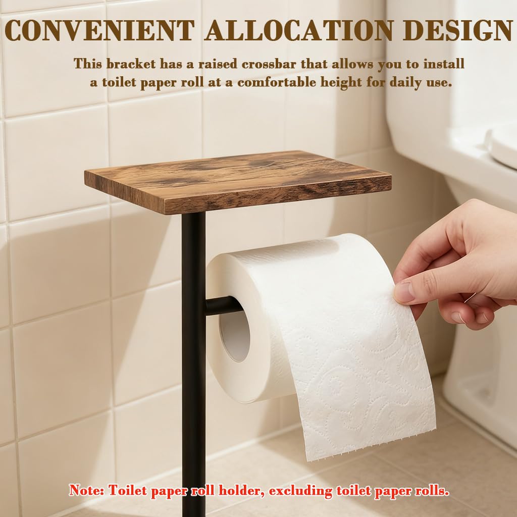 HASTHIP Toilet Paper Roll Holder for Bathroom with Top Storage Shelf 20x24x65cm | Wood and Metal Free Standing Organizer