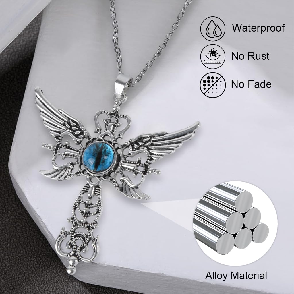 GUSTAVE Necklace for Men with Gothic Cross Pendant and Blue Evil Eye Stone | Silver-Tone Alloy