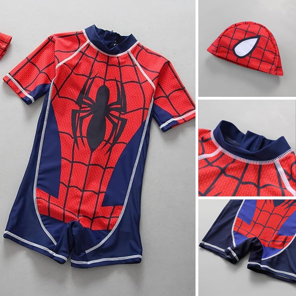 SNOWIE SOFT® Boys Swimsuit Swimming Cap Set Short Sleeve Spiderman Print Swimsuit for Boys Stretchy One-Piece Swimming Suit for Boys UPF 50+ Swimming Suit for Boys 3-4 Years Old, Size 110cm