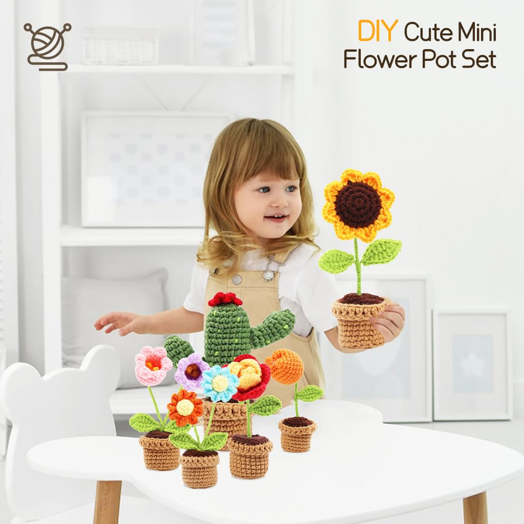PATPAT DIY Crochet Art Material Kit for Home Decor featuring 6 Mini Flower Pots | Beginner Gift Set with Multi Colour Yarn