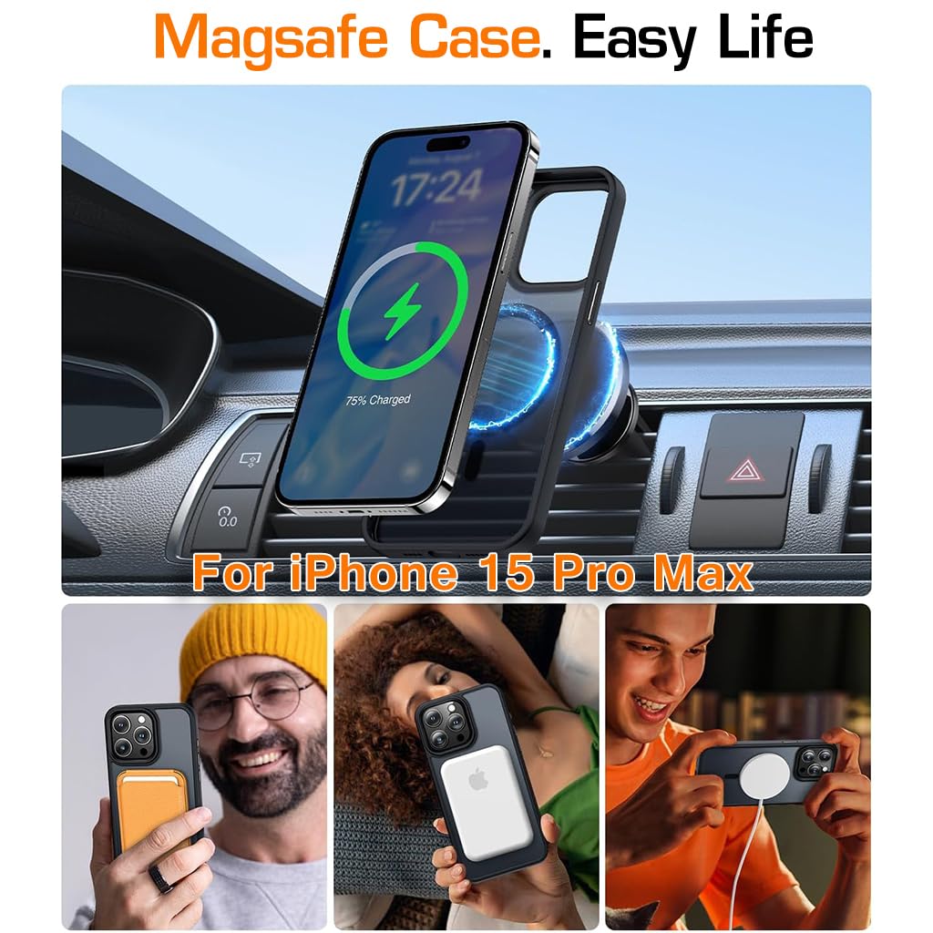 ZORBES Phone Case for iPhone 15 Pro Max 6.7 inch with MagSafe Magnet and Metal Button Cover | Black Rubber Frame Full Protection