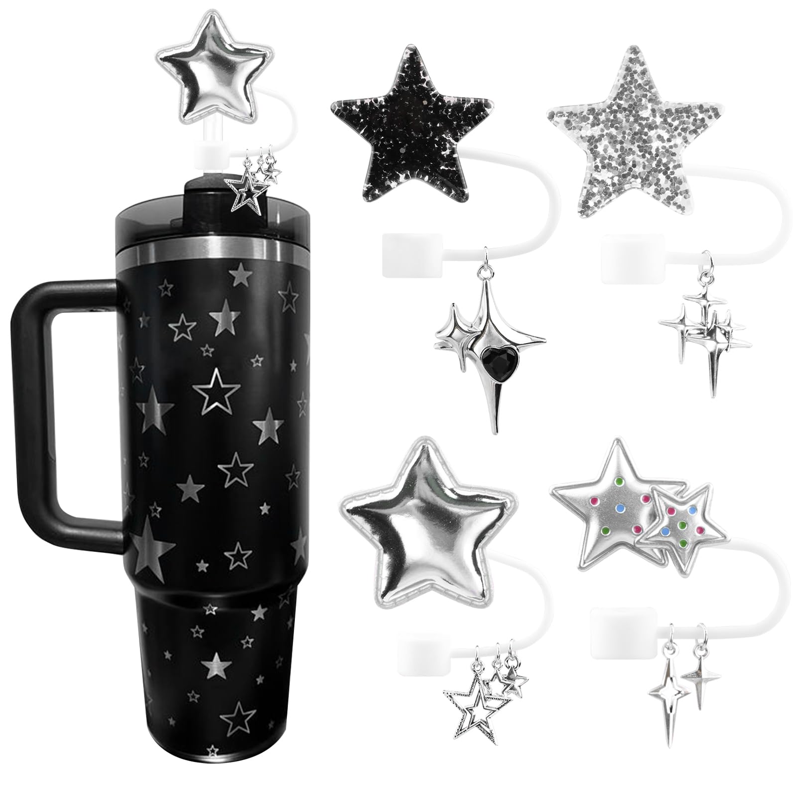 HASTHIP® 4 Silicone Straw Covers for Stanley Cup 30&40 Oz Tumblers - Y2K Cute Glitter Star Straw Toppers-Black