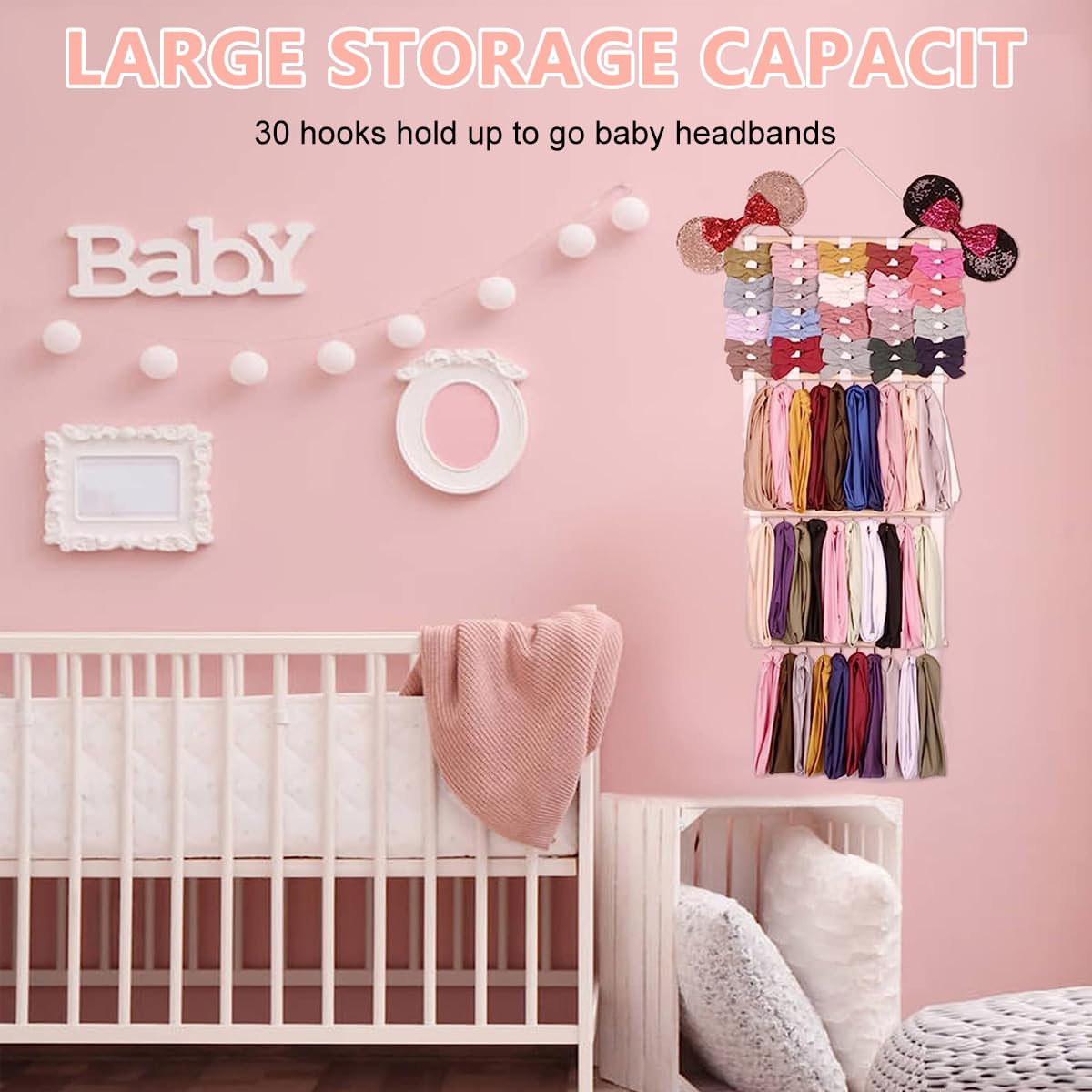HASTHIP Metal Wall Hanging Headband Holder for 30 Headbands and 40 Clips | 3 Layer Organizer with Hooks and Cloth Straps for Girls Room Decor