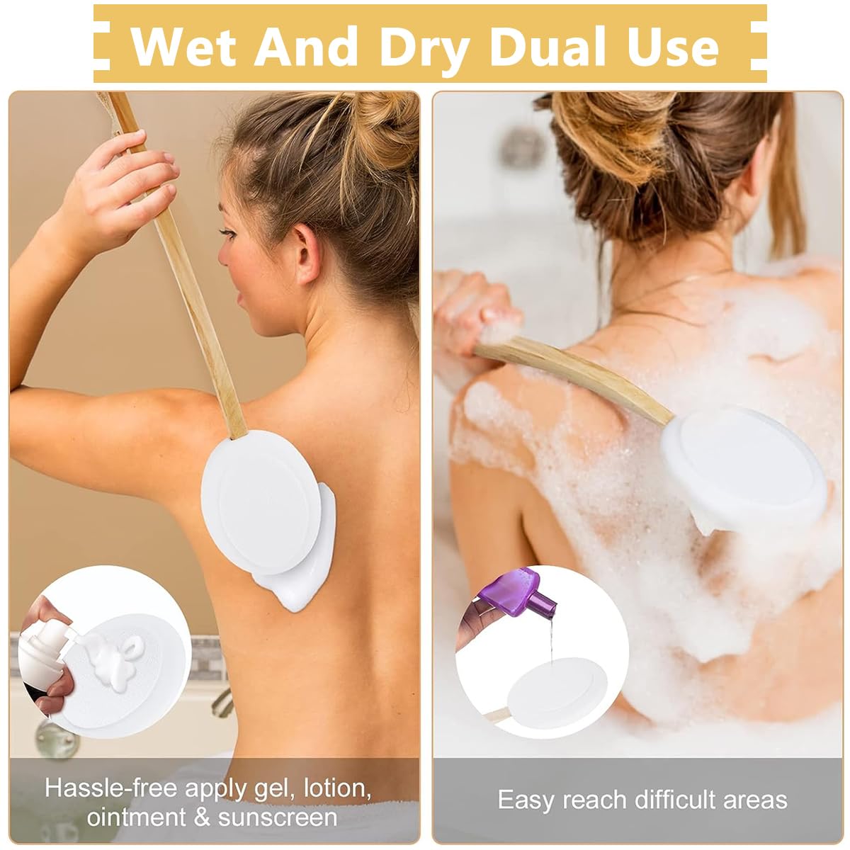 MAYCREATE Lotion Applicator for Back with 17 in Wooden Handle and 3 Replaceable EVA Heads | Bath and Shower Brush