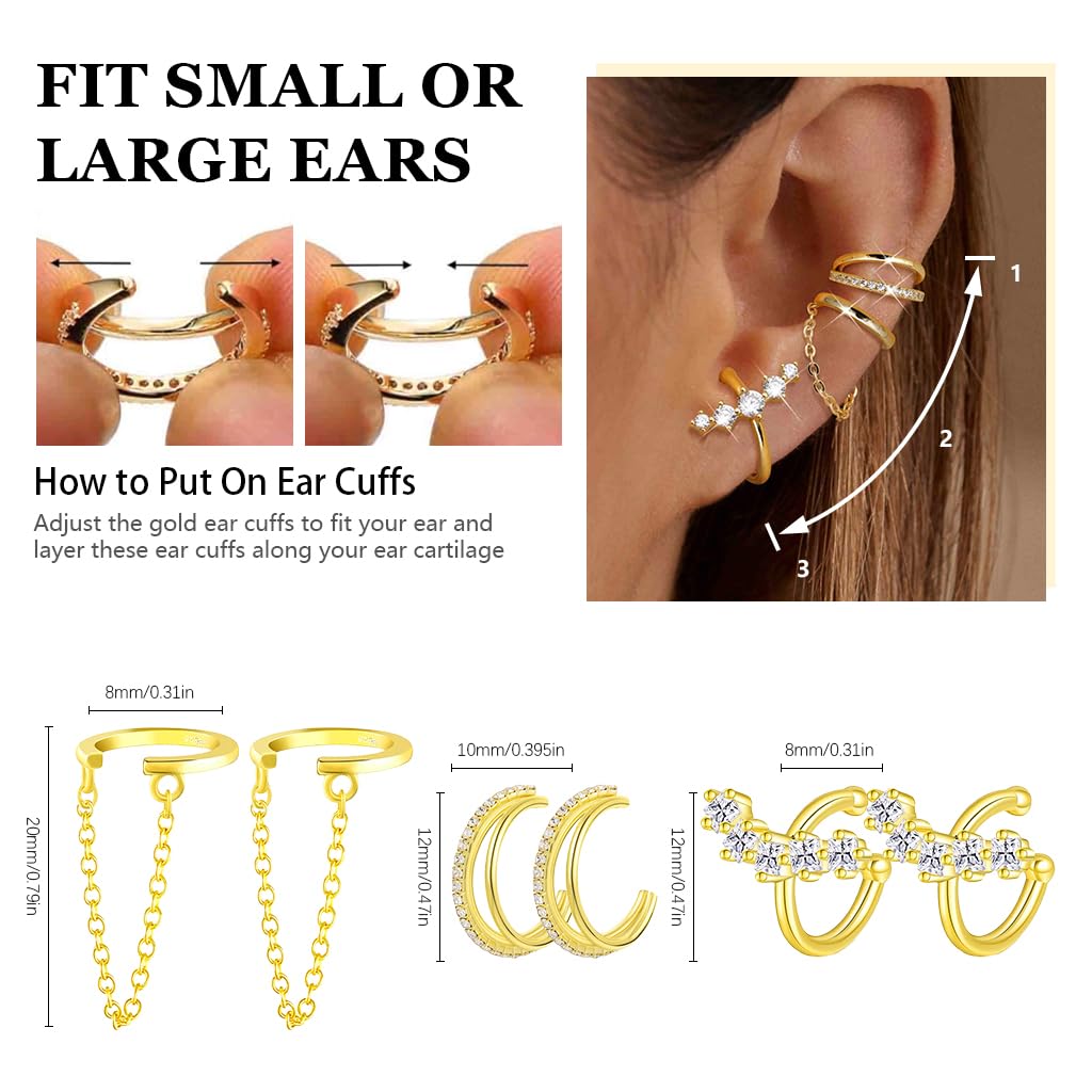 SANNIDHI Ear Cuff Earrings for Women featuring 3 Pairs Gold Cubic Zirconia Non Piercing Set | Hypoallergenic Gift Jewelry