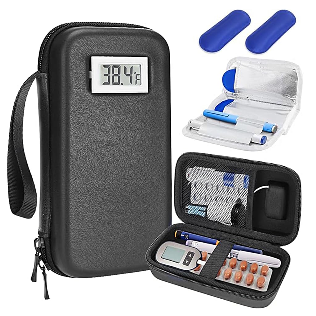 HANNEA Insulin Cooler Travel Case with Temperature Display and 2 Ice Packs for 4–6 Hours | Hard EVA Medicine Storage Box 10x21x6cm